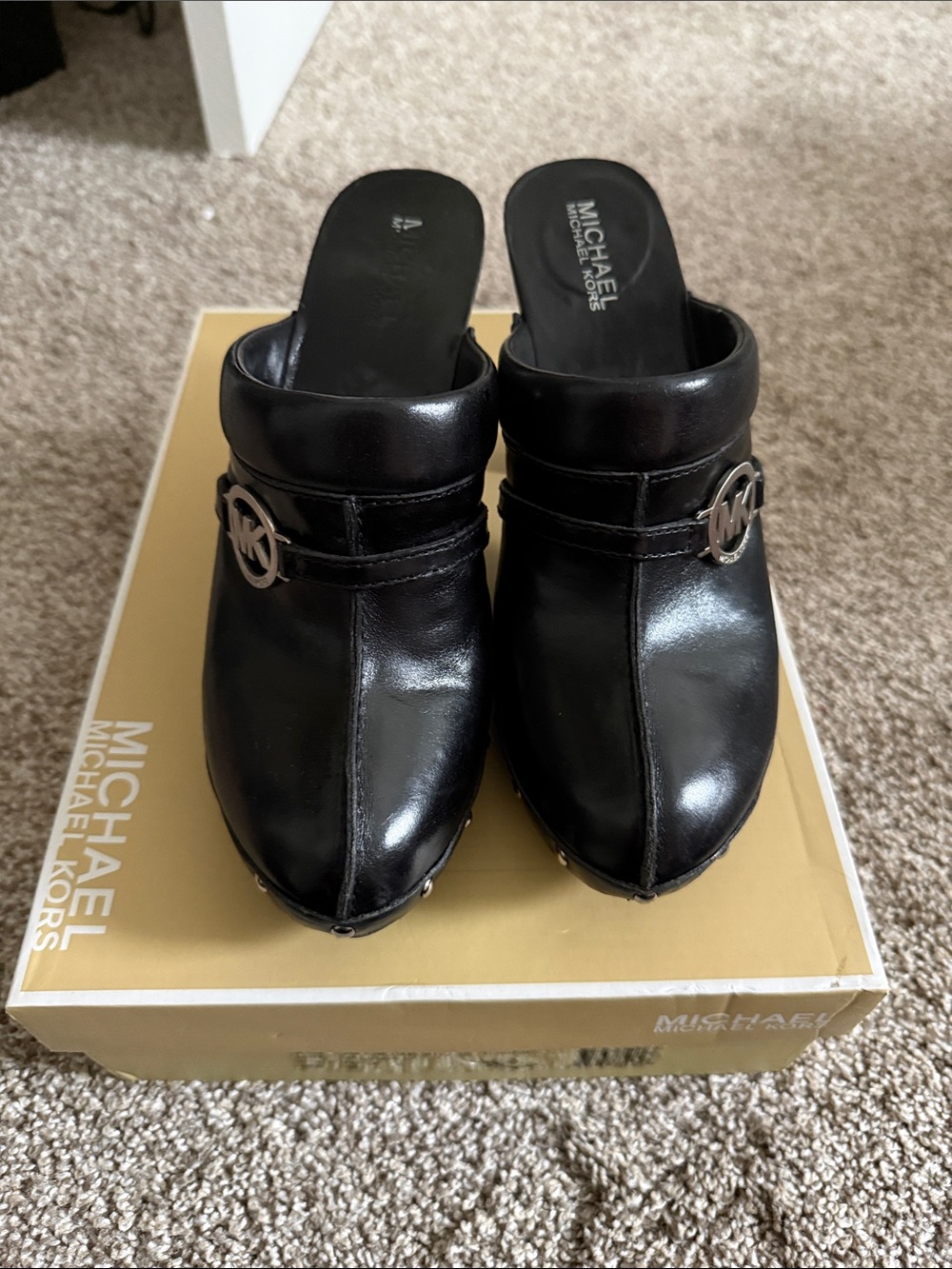 Michael Kors Black Leather Mule Clogs with Silver MK Medallion